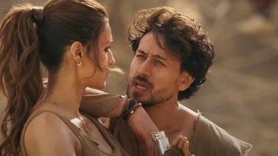 Kriti Sanon and Tiger Shroff in a still from Ganapath.