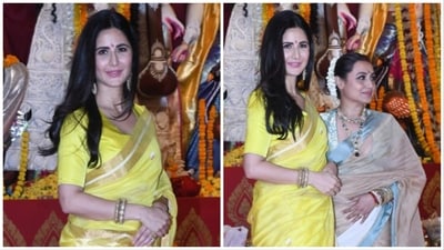 Katrina Kaif was accompanied by Rani Mukerji at the North Bombay Durga Puja pandal on Monday. Katrina Kaif was accompanied by Rani Mukerji at the North Bombay Durga Puja pandal on Monday.