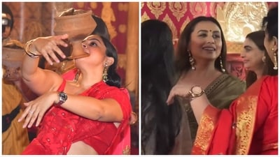 Sumona Chakravarti and Rani Mukerji danced during Durga Puja celebrations on Sunday. Sumona Chakravarti and Rani Mukerji danced during Durga Puja celebrations on Sunday.