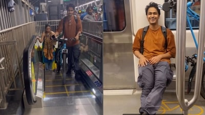 Man takes his bicycle inside Mumbai Metro. (Instagram/@theharshitanurag) Man takes his bicycle inside Mumbai Metro. (Instagram/@theharshitanurag)