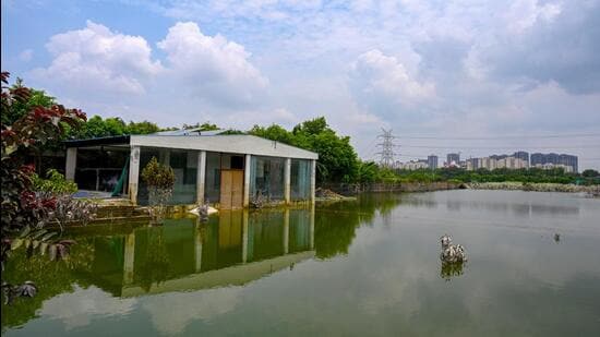 \A farmhouse submerged by Yamuna floodwaters in Sector 135 in Noida on July 19. (Sunil Ghosh/HT Photo)