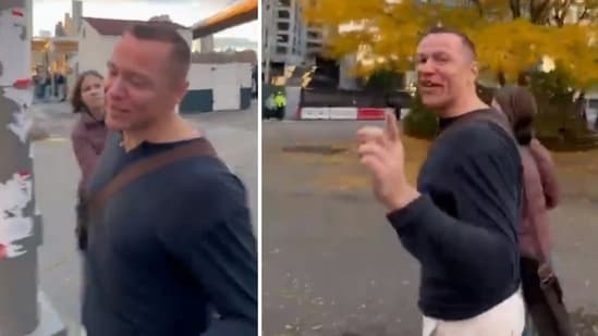 A viral video shows the moment a Brooklyn man smirks after being confronted by a Jewish woman for tearing down posters of abducted Israeli children (@StopAntisemites/X)
