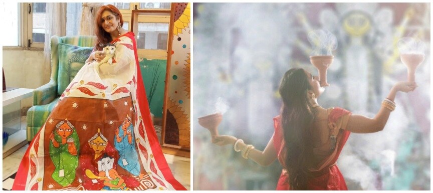 Author and poet Chetna Keer flaunting Pujo fervour in a Jamini Roy-motif saree, in the company of her cat, Bholi Punjabban; and (right) a devotee performing dhunuchi naach (Photos: Chetna Keer/Subhashree Nanda/HT) Author and poet Chetna Keer flaunting Pujo fervour in a Jamini Roy-motif saree, in the company of her cat, Bholi Punjabban; and (right) a devotee performing dhunuchi naach (Photos: Chetna Keer/Subhashree Nanda/HT)