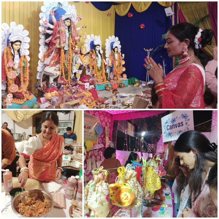 Clockwise: A devotee praying at the pujo pandal at Banga Bhawan; a woman taking a look at Vriddhi’s stall; and a stall owner preparing fillings for egg rolls (Photos: Subhashree Nanda/HT) Clockwise: A devotee praying at the pujo pandal at Banga Bhawan; a woman taking a look at Vriddhi’s stall; and a stall owner preparing fillings for egg rolls (Photos: Subhashree Nanda/HT)