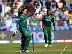 South Africa's Quinton de Kock raises his bat as he celebrates his century during their match against Bangladesh in the ICC Men's Cricket World Cup 2023, at Wankhede Stadium
South Africa's Quinton de Kock raises his bat as he celebrates his century during their match against Bangladesh in the ICC Men's Cricket World Cup 2023, at Wankhede Stadium