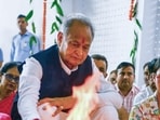 Rajasthan Chief Minister Ashok Gehlot performs a ritual on the Maha Ashtami of Durga Puja festival, at his residence, in Jaipur on Sunday. 