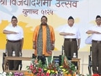 Rashtriya Swayamsevak Sangh (RSS) chief Mohan Bhagwat with singer Shankar Mahadevan and others during the RSS 'Vijayadashami Utsav', in Nagpur, Maharashtra, Tuesday, Oct. 24, 2023. 