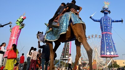 Effigies of Ravana, Meghnath and Kumbkaran being put up for burning by members of the Ramleela Committee of Sanatan Dharam Mandir on the occasion of Dussehra at the Ramleela Ground in Sector 21A in Noida. (Photo by Sunil Ghosh / Hindustan Times) Effigies of Ravana, Meghnath and Kumbkaran being put up for burning by members of the Ramleela Committee of Sanatan Dharam Mandir on the occasion of Dussehra at the Ramleela Ground in Sector 21A in Noida. (Photo by Sunil Ghosh / Hindustan Times)