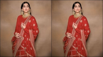 For her glamorous ethnic look, Sonam picked up a stunning anarkali kurta ensemble from the shelves of ace fashion designer Sabyasachi. (Instagram/@sonamkapoor) For her glamorous ethnic look, Sonam picked up a stunning anarkali kurta ensemble from the shelves of ace fashion designer Sabyasachi. (Instagram/@sonamkapoor)