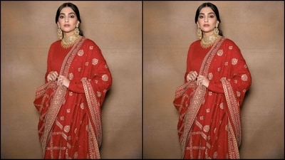 With the help of celebrity makeup artist Namrata Soni, Sonam got decked up in nude eye shadow, kohl eyes, darkened brows, contoured cheeks, bright highlighter and a shade of nude lipstick. (Instagram/@sonamkapoor) With the help of celebrity makeup artist Namrata Soni, Sonam got decked up in nude eye shadow, kohl eyes, darkened brows, contoured cheeks, bright highlighter and a shade of nude lipstick. (Instagram/@sonamkapoor)