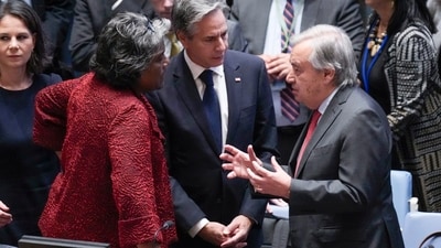 Israel-Hamas War: U.S. Secretary of State Antony Blinken, center, and U.S. Ambassador to the United Nations Linda Thomas-Greenfield, left, talk with UN Secretary-General Antonio Guterres before a Security Council meeting. (AP) Israel-Hamas War: U.S. Secretary of State Antony Blinken, center, and U.S. Ambassador to the United Nations Linda Thomas-Greenfield, left, talk with UN Secretary-General Antonio Guterres before a Security Council meeting. (AP)