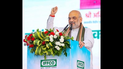 Amit Shah inaugurated India’s first liquid nano di-ammonia phosphate (DAP) in Gujarat’s Gandhinagar on Tuesday. (PTI)
