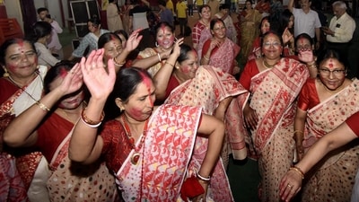According to Hindu mythology, on Dashmi, Goddess Durga returns to Lord Shiva after visiting her parents - mother Menoka and father Giriraj - for four days (the first four days of Durga Puja). Her children - Lord Ganesha, Kartikeya, goddess Saraswati and Lakshmi - accompany her to her parents. (PTI) According to Hindu mythology, on Dashmi, Goddess Durga returns to Lord Shiva after visiting her parents - mother Menoka and father Giriraj - for four days (the first four days of Durga Puja). Her children - Lord Ganesha, Kartikeya, goddess Saraswati and Lakshmi - accompany her to her parents. (PTI)