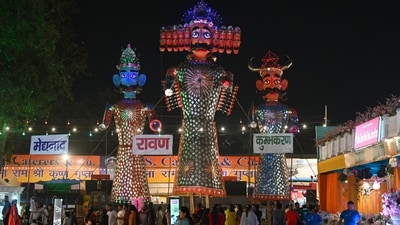 The effigy of Ravana along with Meghnath and Khumbhkaran seen installed a day before the Dussehra festival at the carnival organised by the Shri Dharmik Ramlila Committee at the Red Fort in New Delhi. (Sanchit Khanna/ Hindustan Times) The effigy of Ravana along with Meghnath and Khumbhkaran seen installed a day before the Dussehra festival at the carnival organised by the Shri Dharmik Ramlila Committee at the Red Fort in New Delhi. (Sanchit Khanna/ Hindustan Times)