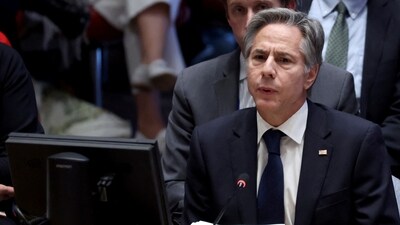 US secretary of state Antony Blinken speaks during a meeting on the conflict between Israel and Hamas at UN headquarters. (Reuters)