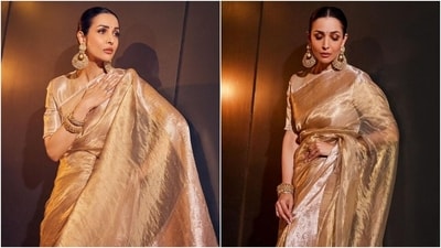 Malaika Arora wears a timeless gold saree by Manish Malhotra for a photoshoot. (Instagram) Malaika Arora wears a timeless gold saree by Manish Malhotra for a photoshoot. (Instagram)