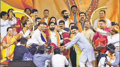 Mumbai, India – Oct 24, 2023: Shivsena (Shinde faction) Dussehra rally led by Shiv Sena chief Eknath Shinde at Azad Maidan, in Mumbai, India, on Tuesday, Oct 24, 2023. (Photo by Bhushan Koyande/HT Photo) Mumbai, India – Oct 24, 2023: Shivsena (Shinde faction) Dussehra rally led by Shiv Sena chief Eknath Shinde at Azad Maidan, in Mumbai, India, on Tuesday, Oct 24, 2023. (Photo by Bhushan Koyande/HT Photo)