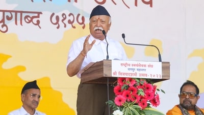 Rashtriya Swayamsevak Sangh (RSS) chief Mohan Bhagwat addresses during the RSS 'Vijayadashami Utsav' in Nagpur, (PTI) Rashtriya Swayamsevak Sangh (RSS) chief Mohan Bhagwat addresses during the RSS 'Vijayadashami Utsav' in Nagpur, (PTI)