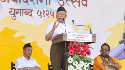 Rashtriya Swayamsevak Sangh (RSS) chief Mohan Bhagwat addresses during the RSS 'Vijayadashami Utsav' in Nagpur, (PTI) Rashtriya Swayamsevak Sangh (RSS) chief Mohan Bhagwat addresses during the RSS 'Vijayadashami Utsav' in Nagpur, (PTI)