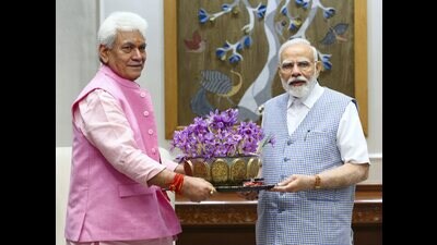 Prime Minister Narendra Modi with Jammu and Kashmir lieutenant governor Manoj Sinha in New Delhi on Tuesday. (Photo:X) Prime Minister Narendra Modi with Jammu and Kashmir lieutenant governor Manoj Sinha in New Delhi on Tuesday. (Photo:X)
