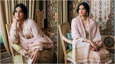Sonam accessorised the pretty kurta and palazzo set with minimal statement jewels, including polki and gold jhumkis with a pearl hair chain, bracelets, and statement rings. Lastly, centre-parted half-tied messy hairdo, winged eyeliner, a dainty bindu, rouge on the cheeks, muted eye shadow, darkened brows, mascara on the lashes, and mauve lip shade gave the finishing touch.&nbsp; (Instagram)