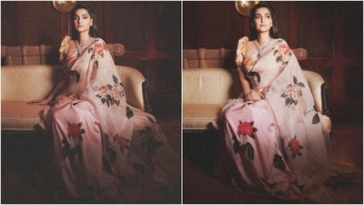 Earlier, Sonam had shared a photoshoot on Instagram dressed in a floral saree from the shelves of the clothing label Raw Mango. The actor wore a blush pink tissue silk saree featuring pink rose and green leaf patterns. She draped the six yads traditionally, letting the pallu fall from her shoulder.&nbsp; (Instagram)