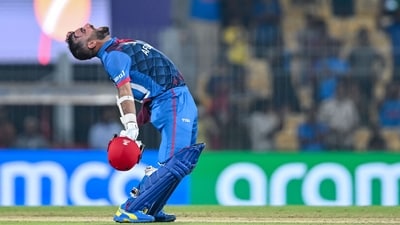 Afghanistan's captain Hashmatullah Shahidi celebrates after hitting the winning runs against Pakistan in Chennai (AFP) Afghanistan's captain Hashmatullah Shahidi celebrates after hitting the winning runs against Pakistan in Chennai (AFP)