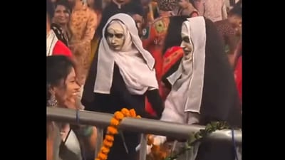 Duo dresses as The Nun and performing Garba. (X/@MrsG)