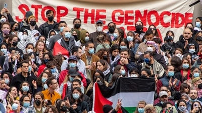 Supporters of Palestine gather at Harvard University to show their support for Palestinians in Gaza at a rally in Cambridge, Massachusetts, on October 14, 2023. (Photo by Joseph Prezioso / AFP) (AFP)