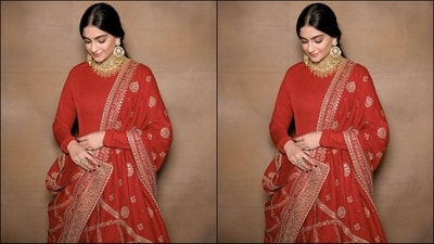 To complement her stunning look, Sonam styled her lush locks into soft curls and left them loose in a low ponytail parted down the middle. (Instagram/@sonamkapoor) To complement her stunning look, Sonam styled her lush locks into soft curls and left them loose in a low ponytail parted down the middle. (Instagram/@sonamkapoor)