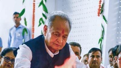 Rajasthan Chief Minister Ashok Gehlot performs a ritual on the Maha Ashtami of Durga Puja festival, at his residence, in Jaipur on Sunday. (ANI) Rajasthan Chief Minister Ashok Gehlot performs a ritual on the Maha Ashtami of Durga Puja festival, at his residence, in Jaipur on Sunday. (ANI)
