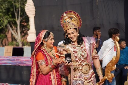 Sita (Joshi) and Lakshmana (Arora) share a fun sibling moment with a funny meme on their phone. (Photo: Gokul VS/HT)