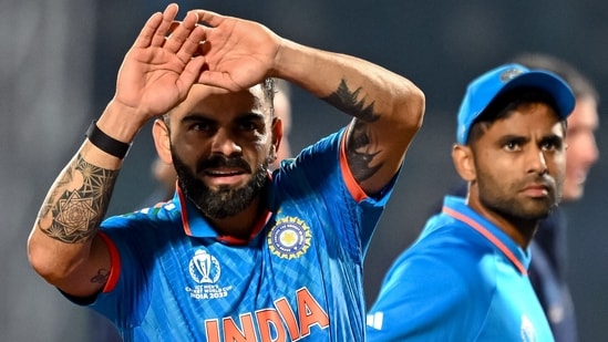 Virat Kohli (L) and Suryakumar Yadav look on at the end of the 2023 ICC Men's Cricket World Cup one-day international (ODI) match between India and New Zealand (AFP)