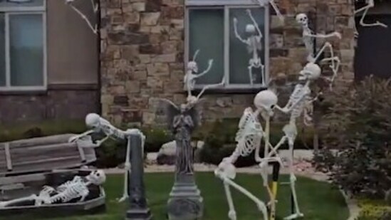 The skeletons mimic various human activities (@ABC7/X via Amy Beecroft Pay|Storyful)