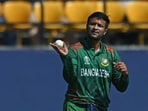 Bangladesh's captain Shakib Al Hasan adjusts the field during the 2023 ICC Men's Cricket World Cup one-day international (ODI) match - Bangladesh's captain Shakib Al Hasan adjusts the field during the 2023 ICC Men's Cricket World Cup one-day international (ODI) match -