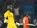 Australia's Glenn Maxwell celebrates his century during the ICC Men's Cricket World Cup match between Australia and Netherlands in New Delhi, India, Wednesday. Australia's Glenn Maxwell celebrates his century during the ICC Men's Cricket World Cup match between Australia and Netherlands in New Delhi, India, Wednesday.