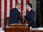 U.S. House Minority Leader Hakeem Jeffries (D-NY) (L) hands the gavel to newly elected Speaker of the House Mike Johnson (R-LA) after the House of Representatives held an election in the U.S. Capitol on October 25, 2023 in Washington, DC. U.S. House Minority Leader Hakeem Jeffries (D-NY) (L) hands the gavel to newly elected Speaker of the House Mike Johnson (R-LA) after the House of Representatives held an election in the U.S. Capitol on October 25, 2023 in Washington, DC.