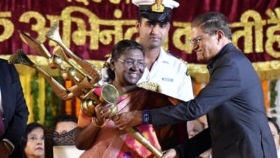 President Murmu attended celebrations hosted by the Shri Dharmik Leela Committee at the ground opposite the Red Fort. (ANI) President Murmu attended celebrations hosted by the Shri Dharmik Leela Committee at the ground opposite the Red Fort. (ANI)