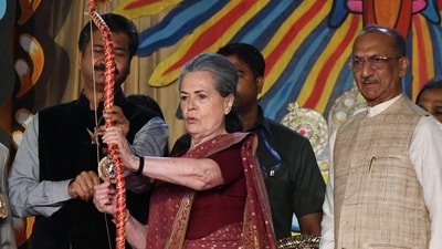 Senior Congress leader Sonia Gandhi attended an event hosted by the Nav Shri Dharmik Leela Committee. (ANI) Senior Congress leader Sonia Gandhi attended an event hosted by the Nav Shri Dharmik Leela Committee. (ANI)