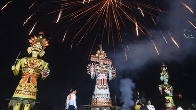 Effigies of demon king Ravana, Kumbhakaran, and Meghnath during the 'Ravan Dahan' on the occasion of Dussehra in Nagpur. (ANI) Effigies of demon king Ravana, Kumbhakaran, and Meghnath during the 'Ravan Dahan' on the occasion of Dussehra in Nagpur. (ANI)