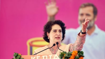 Congress General Secretary Priyanka Gandhi Vadra addresses a public meeting, in Jhunjhunu on Wednesday. (All India Mahila Congress/X) Congress General Secretary Priyanka Gandhi Vadra addresses a public meeting, in Jhunjhunu on Wednesday. (All India Mahila Congress/X)