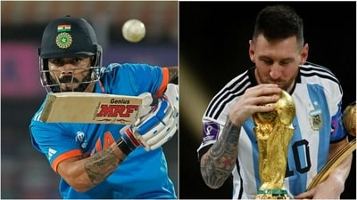 Virat Kohli (L) during the 2023 WC match against New Zealand; Lionel Messi after the FIFA World Cup 2022 final (PTI/File) Virat Kohli (L) during the 2023 WC match against New Zealand; Lionel Messi after the FIFA World Cup 2022 final (PTI/File)