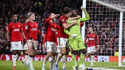 Manchester United's GK Andre Onana after saving a penalty kick at the end of the UEFA Champions League Group A football match between Manchester United and FC Copenhagen (AFP)