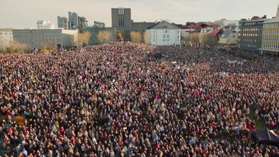Demonstrators take part in a rally for equal rights, as Icelandic women strike for equality, in Reykjavik, Iceland. (Reuters)