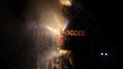 Fireworks explode as an effigy of demon King Ravana, burns during Dussehra or Vijayadashami festival celebrations in Ahmedabad. (Reuters)