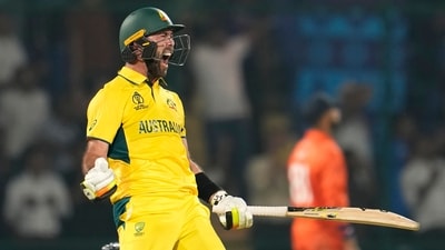 Australia's Glenn Maxwell celebrates his century during the ICC Men's Cricket World Cup match between Australia and Netherlands in New Delhi, India, Wednesday. (AP) Australia's Glenn Maxwell celebrates his century during the ICC Men's Cricket World Cup match between Australia and Netherlands in New Delhi, India, Wednesday. (AP)