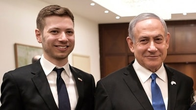 Israeli Prime Minister Benjamin Netanyahu, second from left, and son Yair, left, pose for a photo in Tel Aviv. (AP) Israeli Prime Minister Benjamin Netanyahu, second from left, and son Yair, left, pose for a photo in Tel Aviv. (AP)