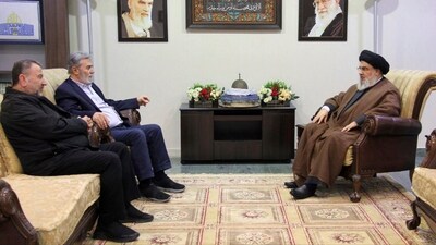 Hezbollah leader Sayyed Hassan Nasrallah, right, meets with Ziad al-Nakhleh, the head of Palestinian Islamic Jihad, center, and Hamas deputy chief, Saleh al-Arouri, in Beirut, Lebanon (AP) Hezbollah leader Sayyed Hassan Nasrallah, right, meets with Ziad al-Nakhleh, the head of Palestinian Islamic Jihad, center, and Hamas deputy chief, Saleh al-Arouri, in Beirut, Lebanon (AP)
