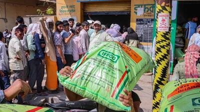 Mathura: Workers unload sacks of fertilizer at PCF Krishak Seva Kendra, in Mathura on October 18 (PTI) Mathura: Workers unload sacks of fertilizer at PCF Krishak Seva Kendra, in Mathura on October 18 (PTI)