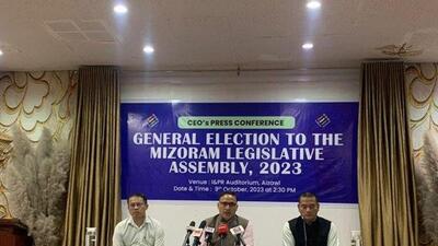 Mizoram CEO Madhup Vyas at a press conference earlier this month in connection to the November 7 election to the 40-member state legislative assembly. (X/AIR) Mizoram CEO Madhup Vyas at a press conference earlier this month in connection to the November 7 election to the 40-member state legislative assembly. (X/AIR)